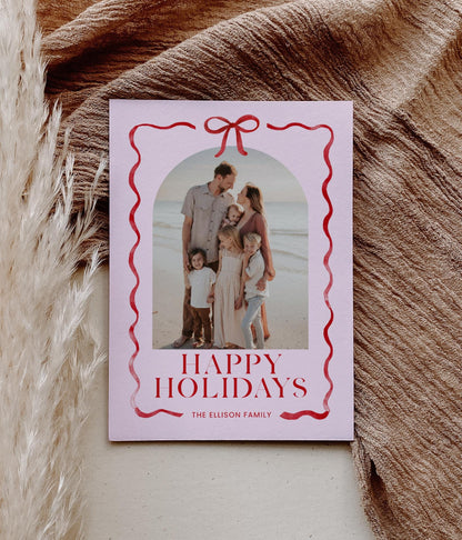 Pink and Red Bow Christmas Photo Card, Whimsical Ribbon Holiday Photo Card Canva Template