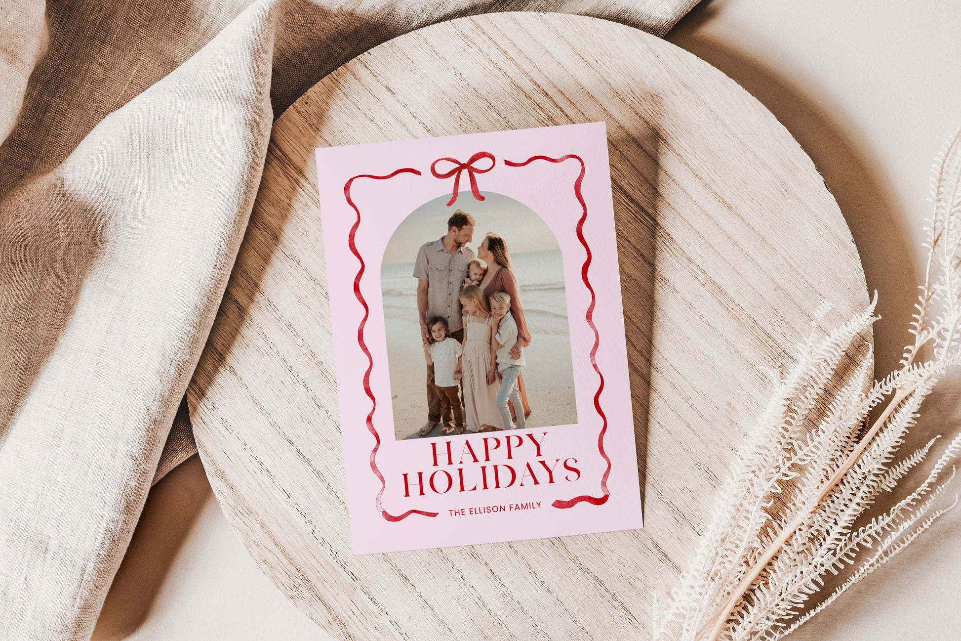 Pink and Red Bow Christmas Photo Card, Whimsical Ribbon Holiday Photo Card Canva Template