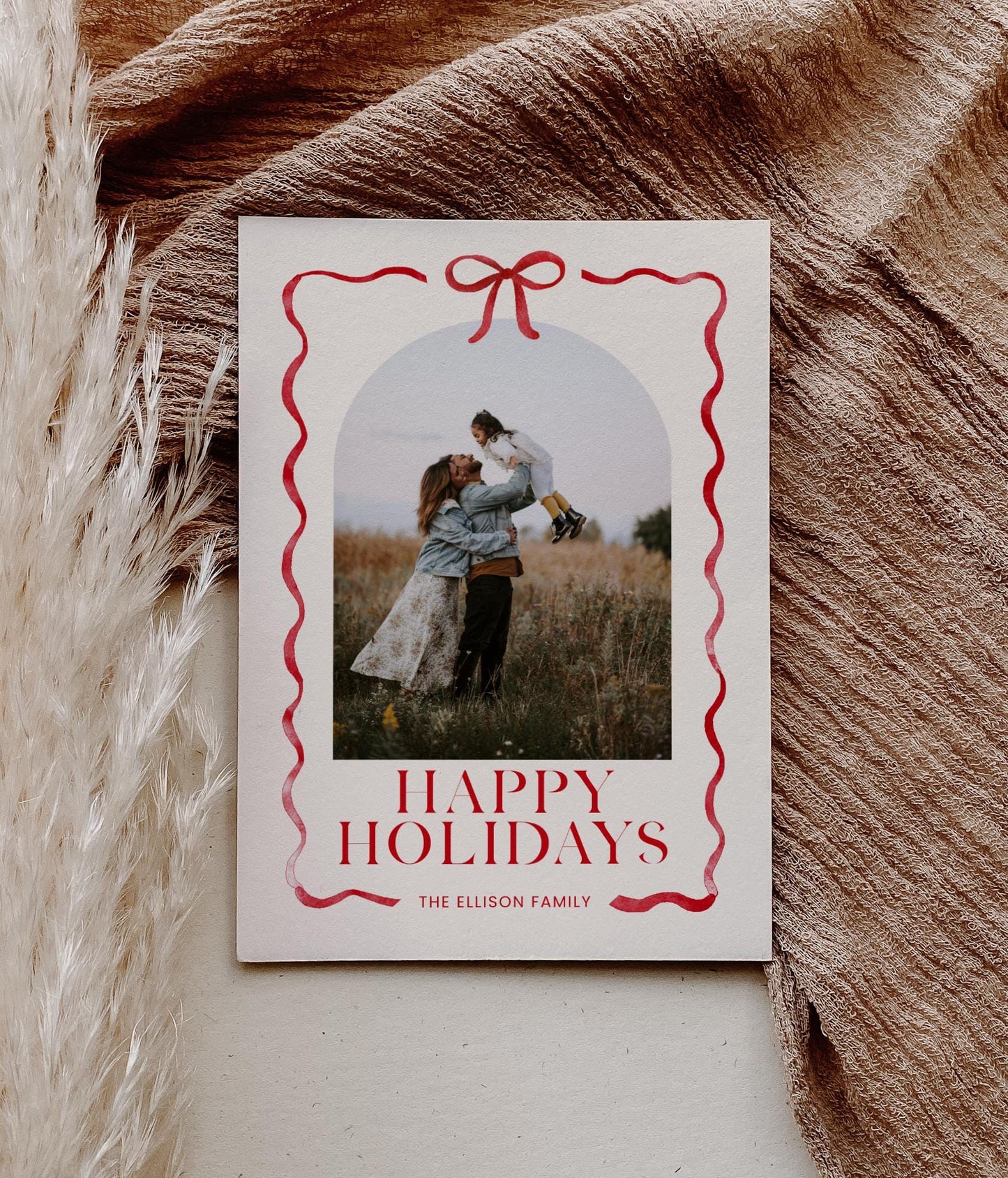 Bow Christmas Photo Card, Whimsical Red Ribbon Holiday Photo Card, Canva Template with Arch Picture