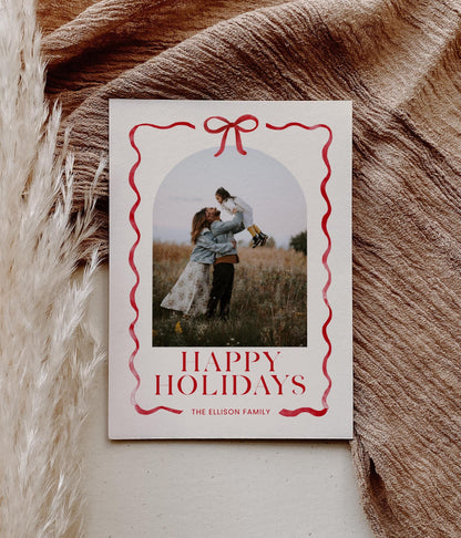 Bow Christmas Photo Card, Whimsical Red Ribbon Holiday Photo Card, Canva Template with Arch Picture