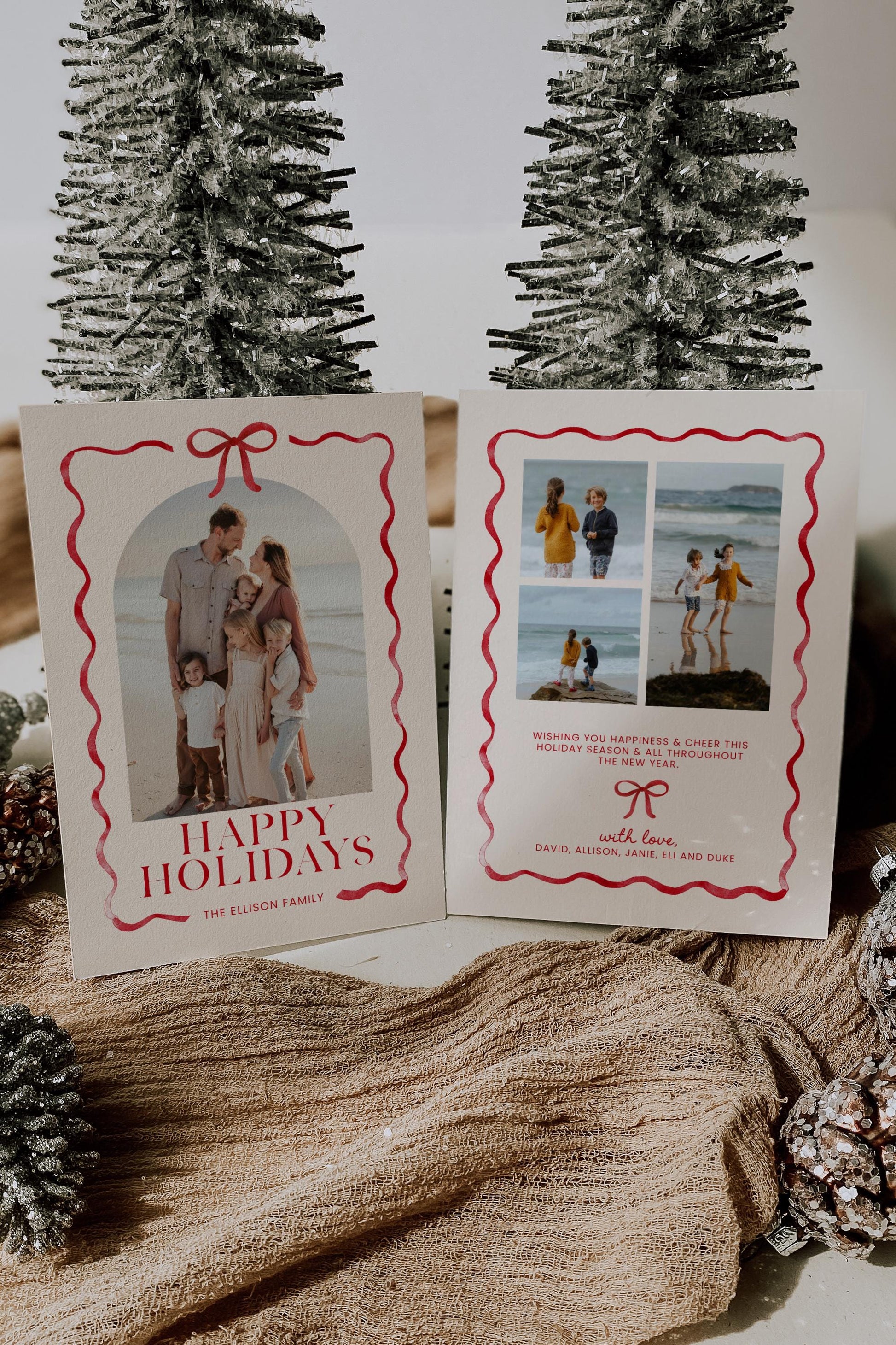 Bow Christmas Photo Card, Whimsical Red Ribbon Holiday Photo Card, Canva Template with Arch Picture