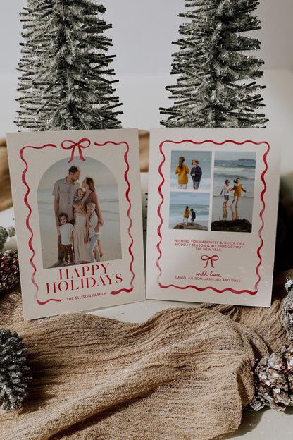 Bow Christmas Photo Card, Whimsical Red Ribbon Holiday Photo Card, Canva Template with Arch Picture