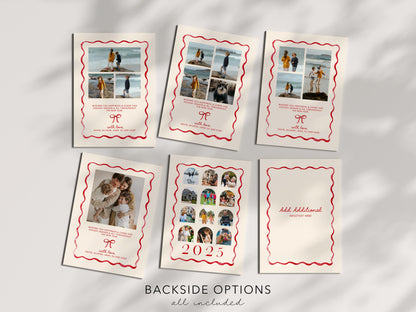 Bow Christmas Photo Card, Whimsical Red Ribbon Holiday Photo Card, Canva Template with Arch Picture