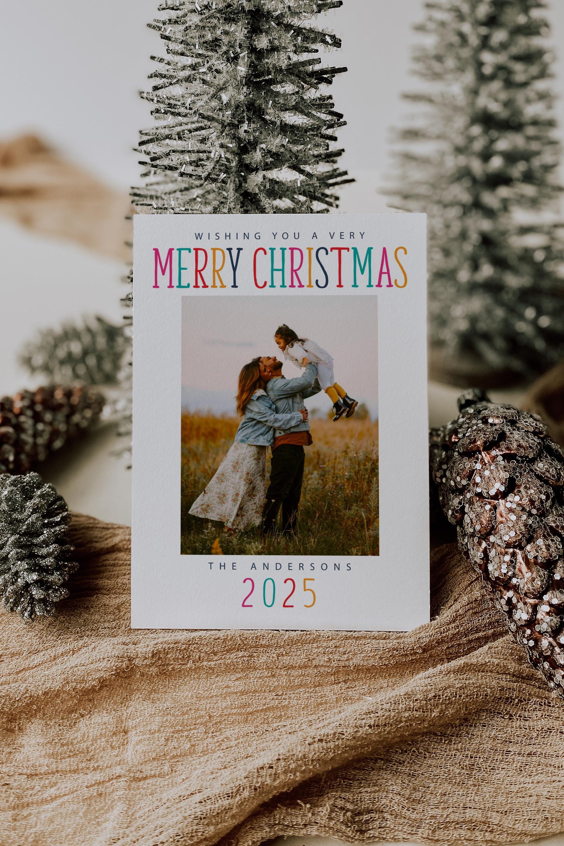Christmas Photo Card - Holiday Photo Card Template, Colorful Merry Christmas, Yellow, Pink, Teal, DIY, Editable Template - Instant Download