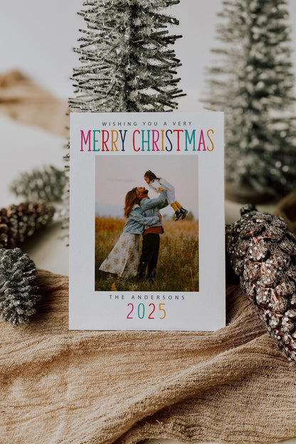 Christmas Photo Card - Holiday Photo Card Template, Colorful Merry Christmas, Yellow, Pink, Teal, DIY, Editable Template - Instant Download