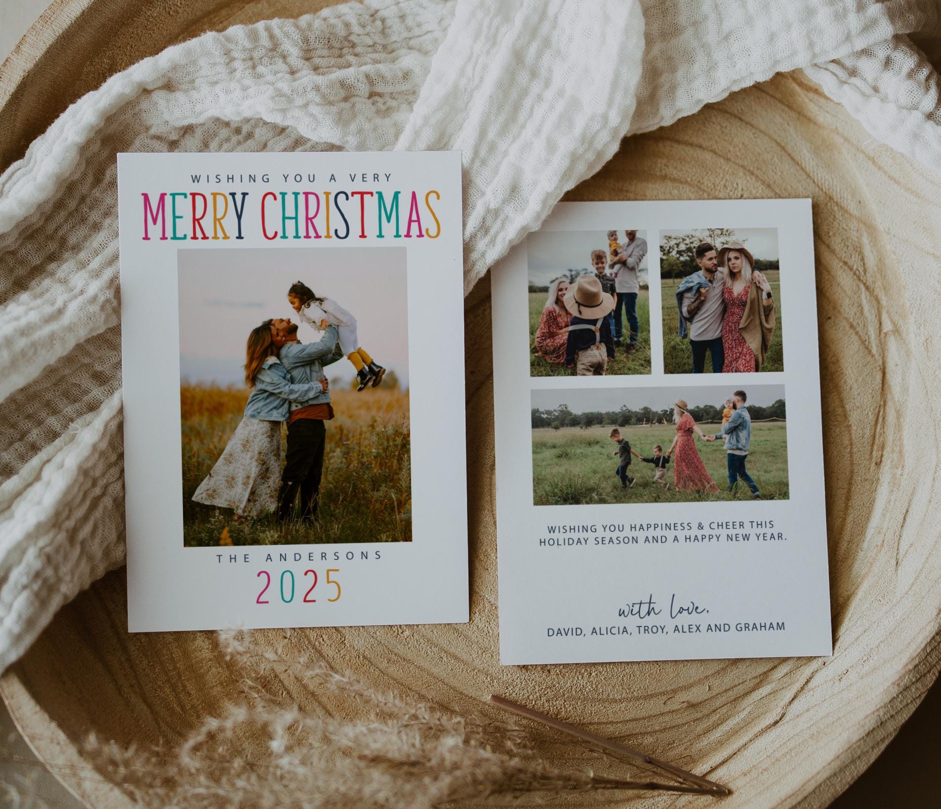 Christmas Photo Card - Holiday Photo Card Template, Colorful Merry Christmas, Yellow, Pink, Teal, DIY, Editable Template - Instant Download