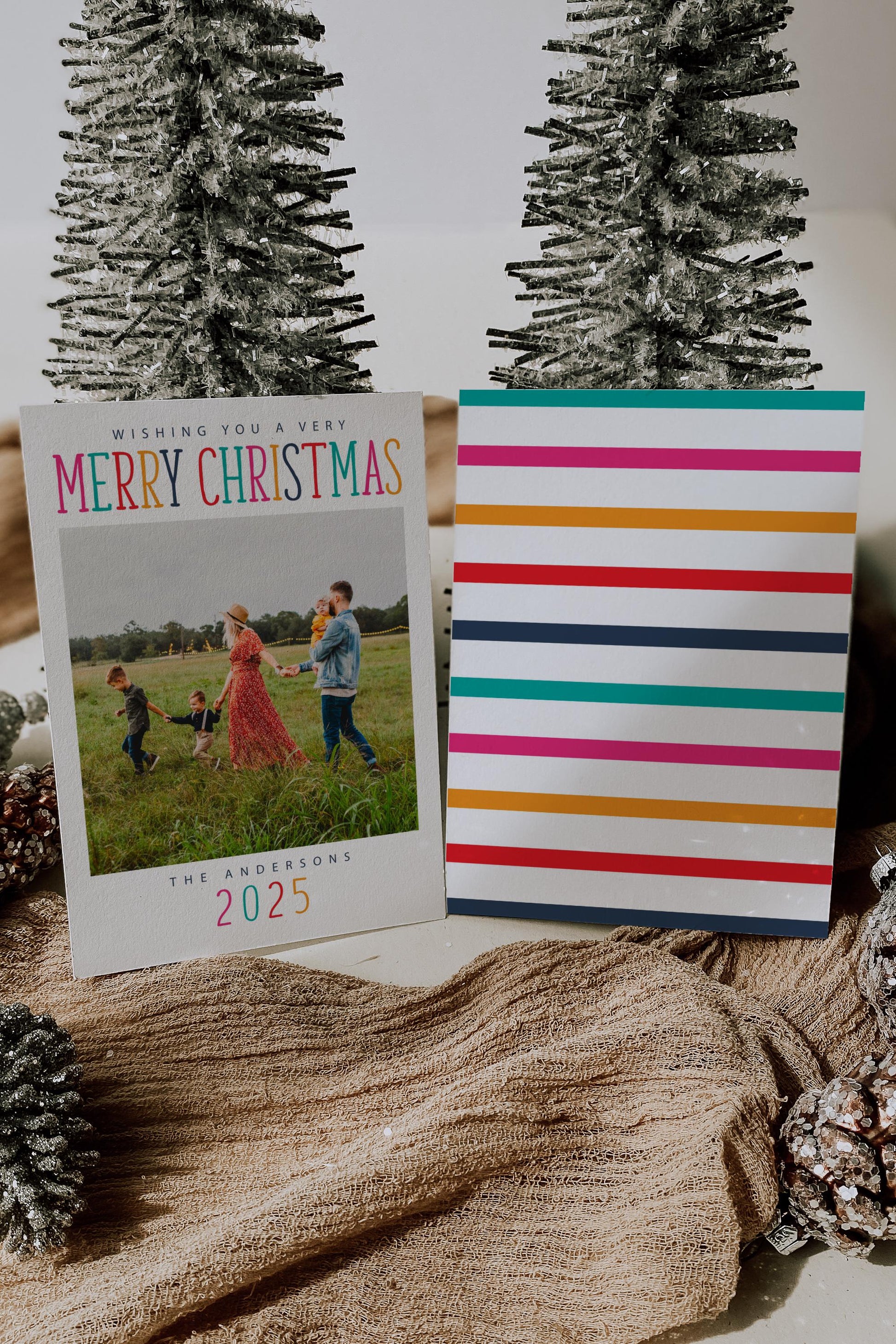Christmas Photo Card - Holiday Photo Card Template, Colorful Merry Christmas, Yellow, Pink, Teal, DIY, Editable Template - Instant Download