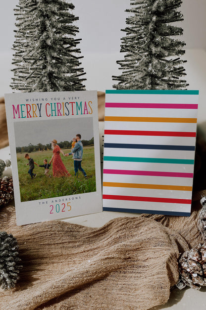 Christmas Photo Card - Holiday Photo Card Template, Colorful Merry Christmas, Yellow, Pink, Teal, DIY, Editable Template - Instant Download