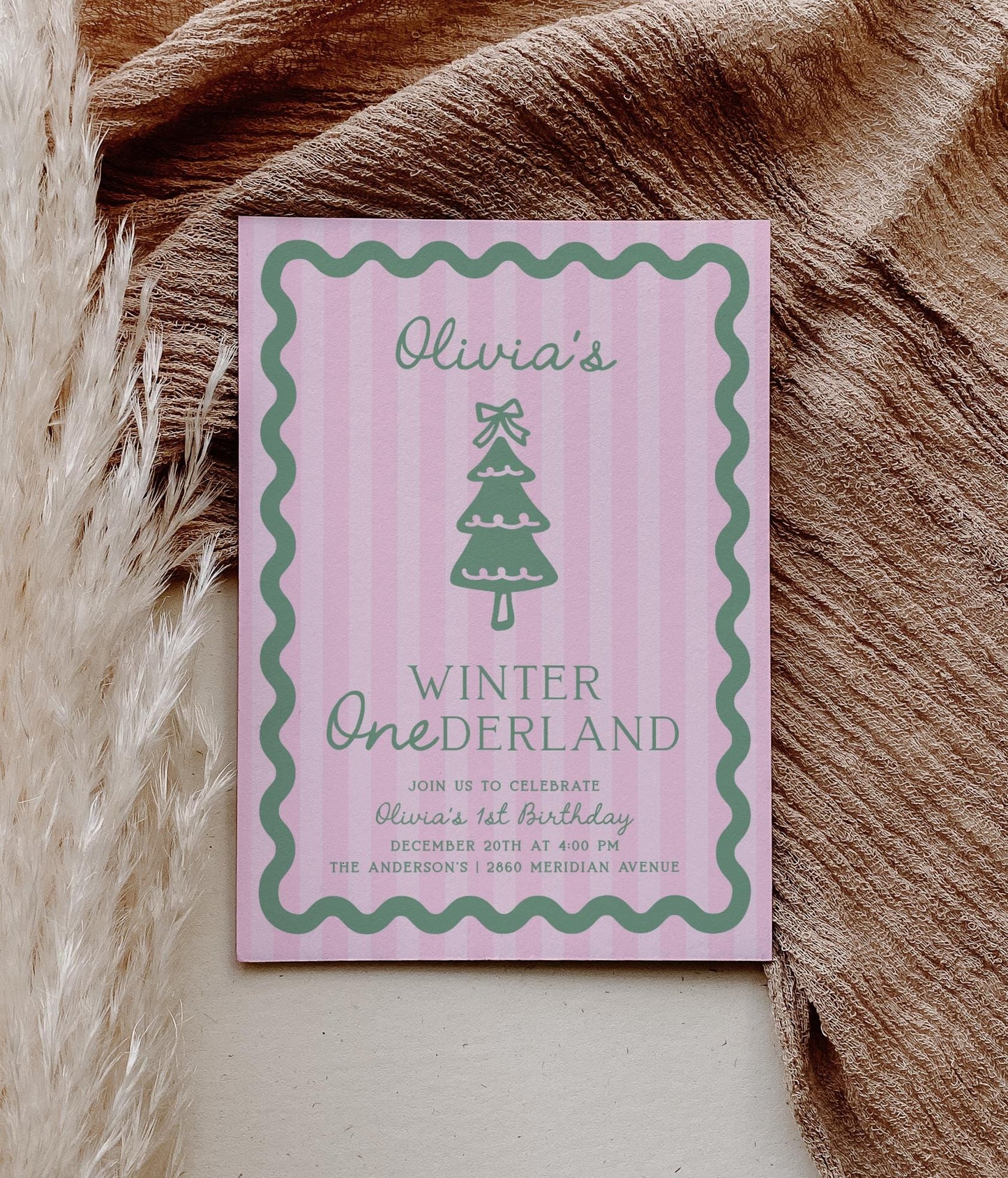 Pink Green Winter Onederland Invitation | Preppy Stripes and Wavy Border Christmas Birthday Invite | Trendy First Birthday Corjl Template