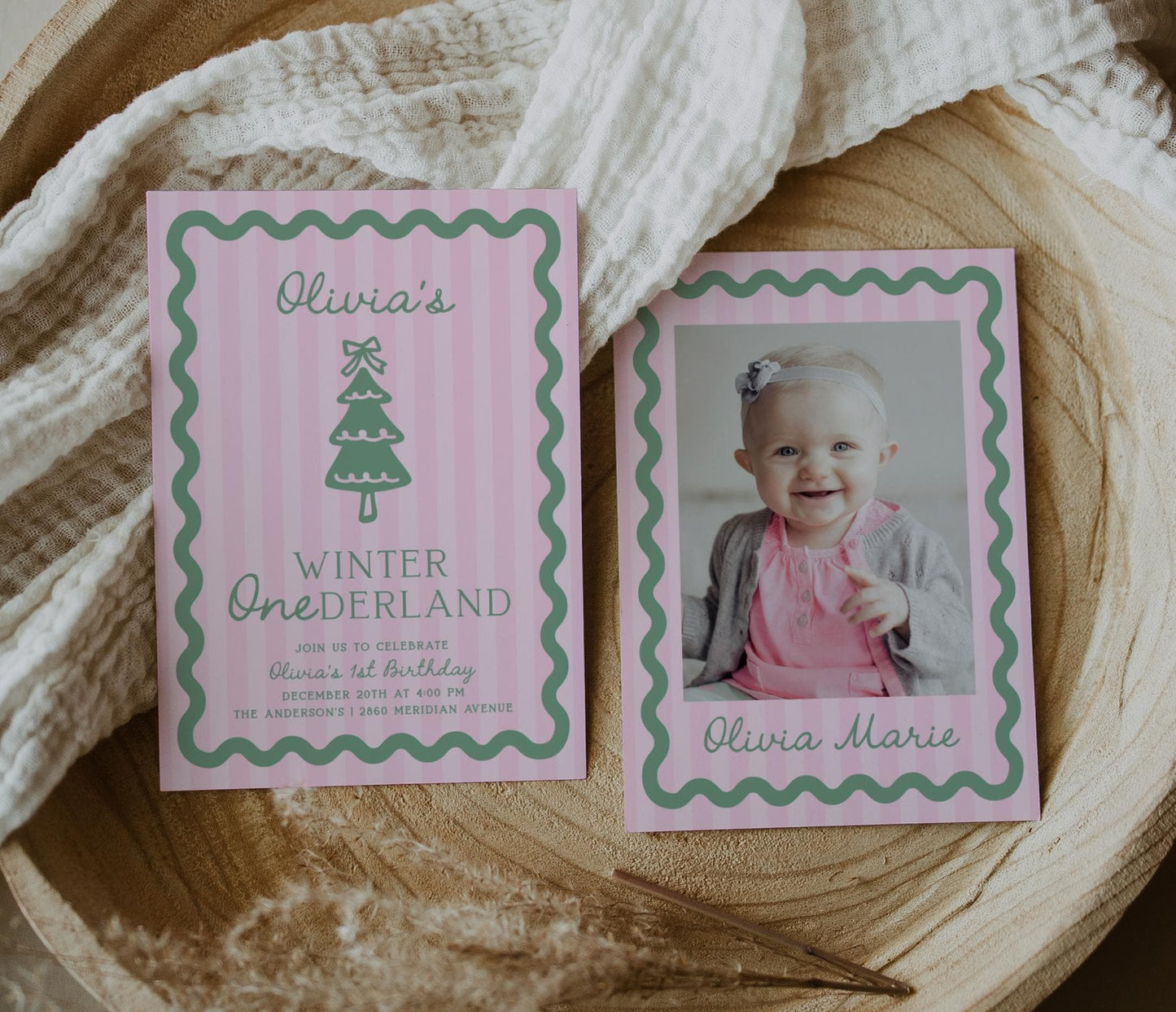 Pink Green Winter Onederland Invitation | Preppy Stripes and Wavy Border Christmas Birthday Invite | Trendy First Birthday Corjl Template