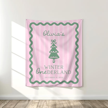 Pink Green Winter Onederland Invitation | Preppy Stripes and Wavy Border Christmas Birthday Invite | Trendy First Birthday Corjl Template