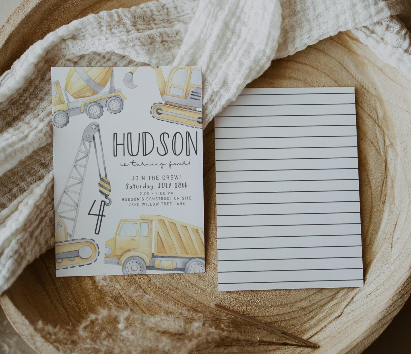 Construction Birthday Invitation | Pale Yellow Crane with Any Age | Watercolor Construction Party Editable Corjl Template