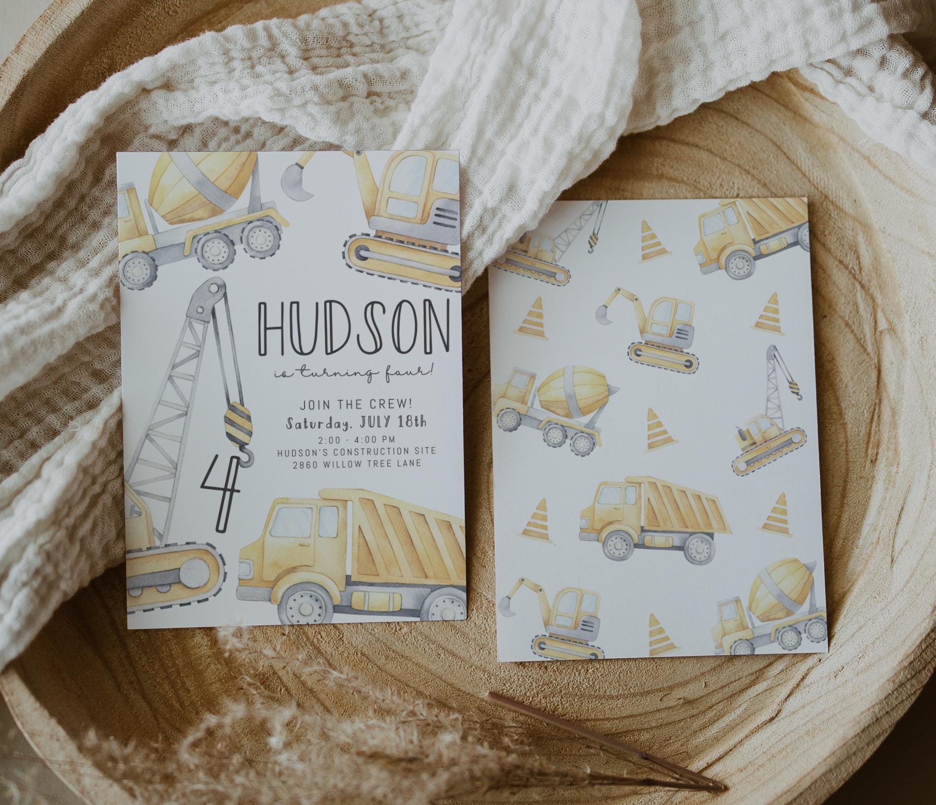 Construction Birthday Invitation | Pale Yellow Crane with Any Age | Watercolor Construction Party Editable Corjl Template