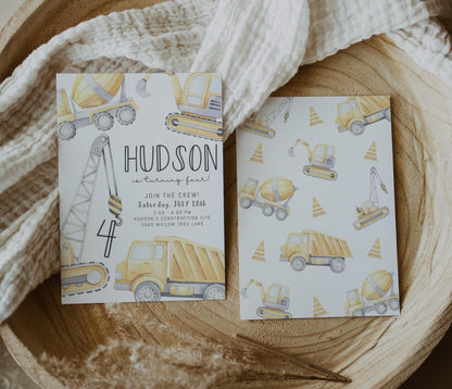 Construction Birthday Invitation | Pale Yellow Crane with Any Age | Watercolor Construction Party Editable Corjl Template