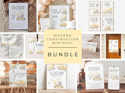 Construction Birthday Invitation | Pale Yellow Crane with Any Age | Watercolor Construction Party Editable Corjl Template