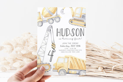 Construction Birthday Invitation | Pale Yellow Crane with Any Age | Watercolor Construction Party Editable Corjl Template