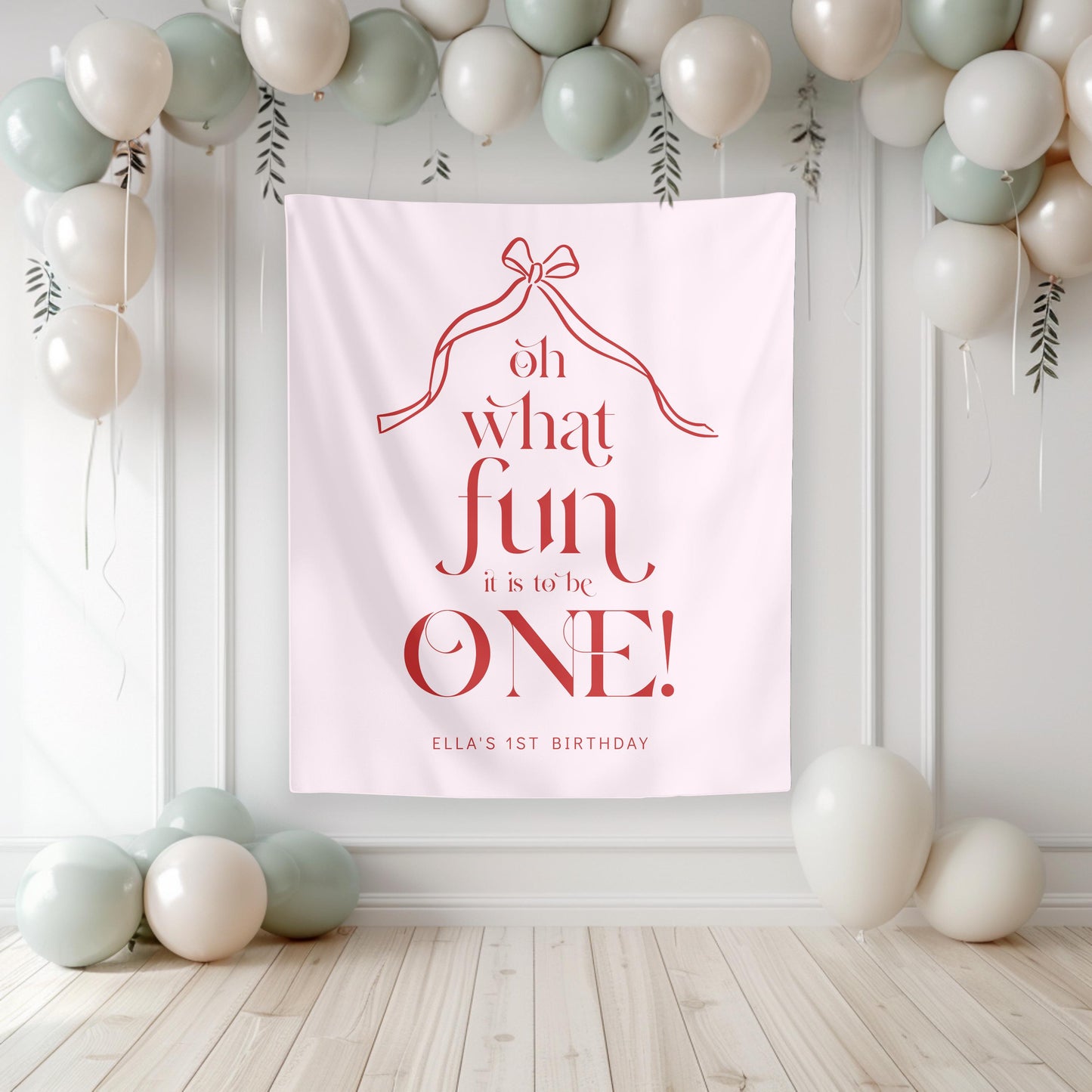 Oh What Fun Pink Red Backdrop, Christmas First Birthday Banner, Coquette Bow Fabric Sign, Photo Backdrop Decor
