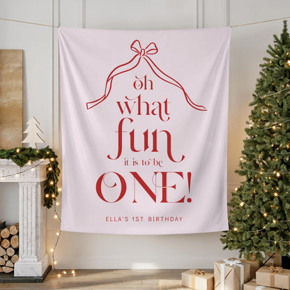 Oh What Fun Pink Red Backdrop, Christmas First Birthday Banner, Coquette Bow Fabric Sign, Photo Backdrop Decor