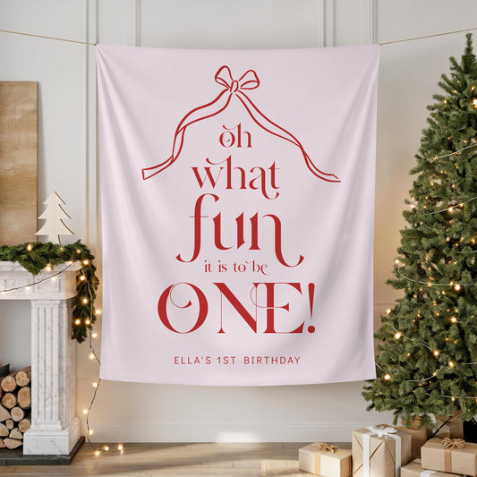 Oh What Fun Pink Red Backdrop, Christmas First Birthday Banner, Coquette Bow Fabric Sign, Photo Backdrop Decor