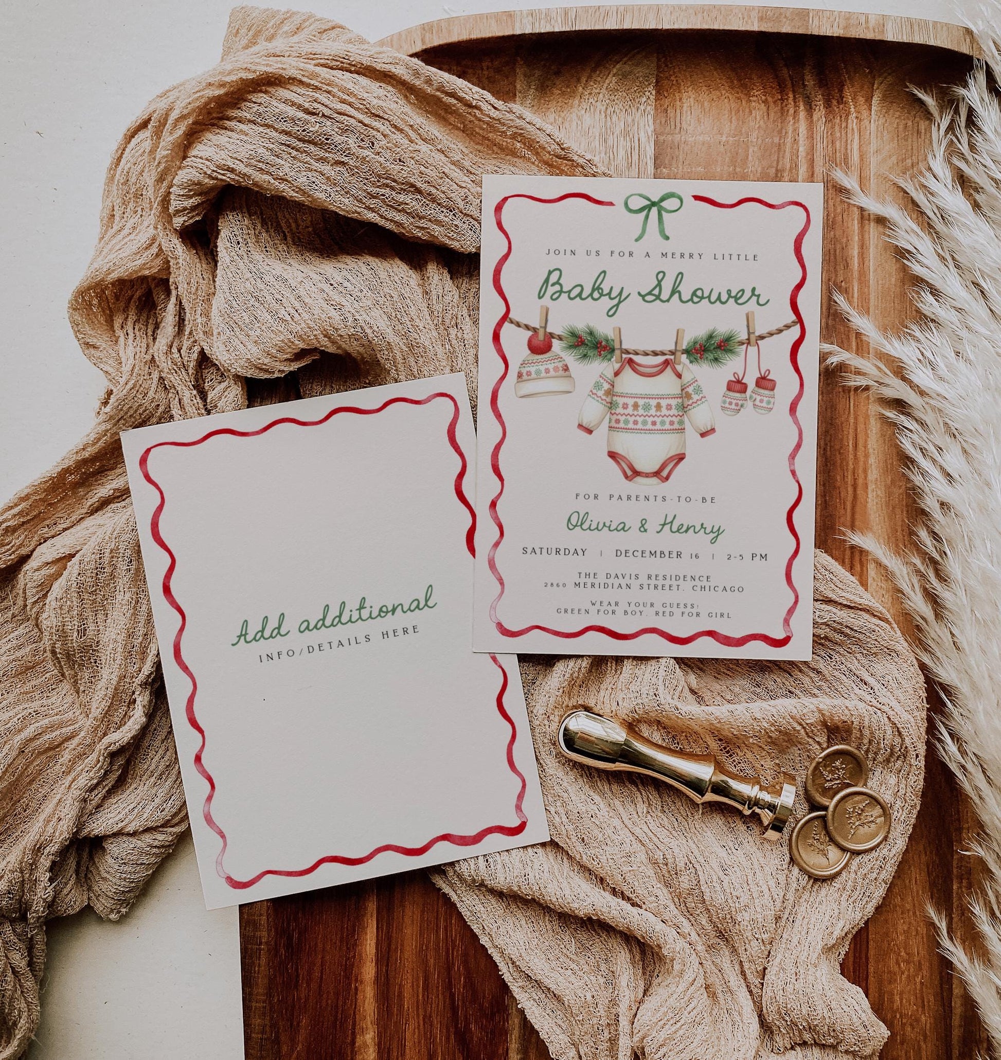 Christmas Gender Reveal Invitation | Merry Little Baby Shower Invite | Neutral Holiday Ribbon Bow Clothesline Design
