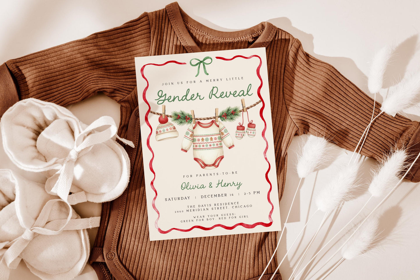 Christmas Gender Reveal Invitation | Merry Little Baby Shower Invite | Neutral Holiday Ribbon Bow Clothesline Design