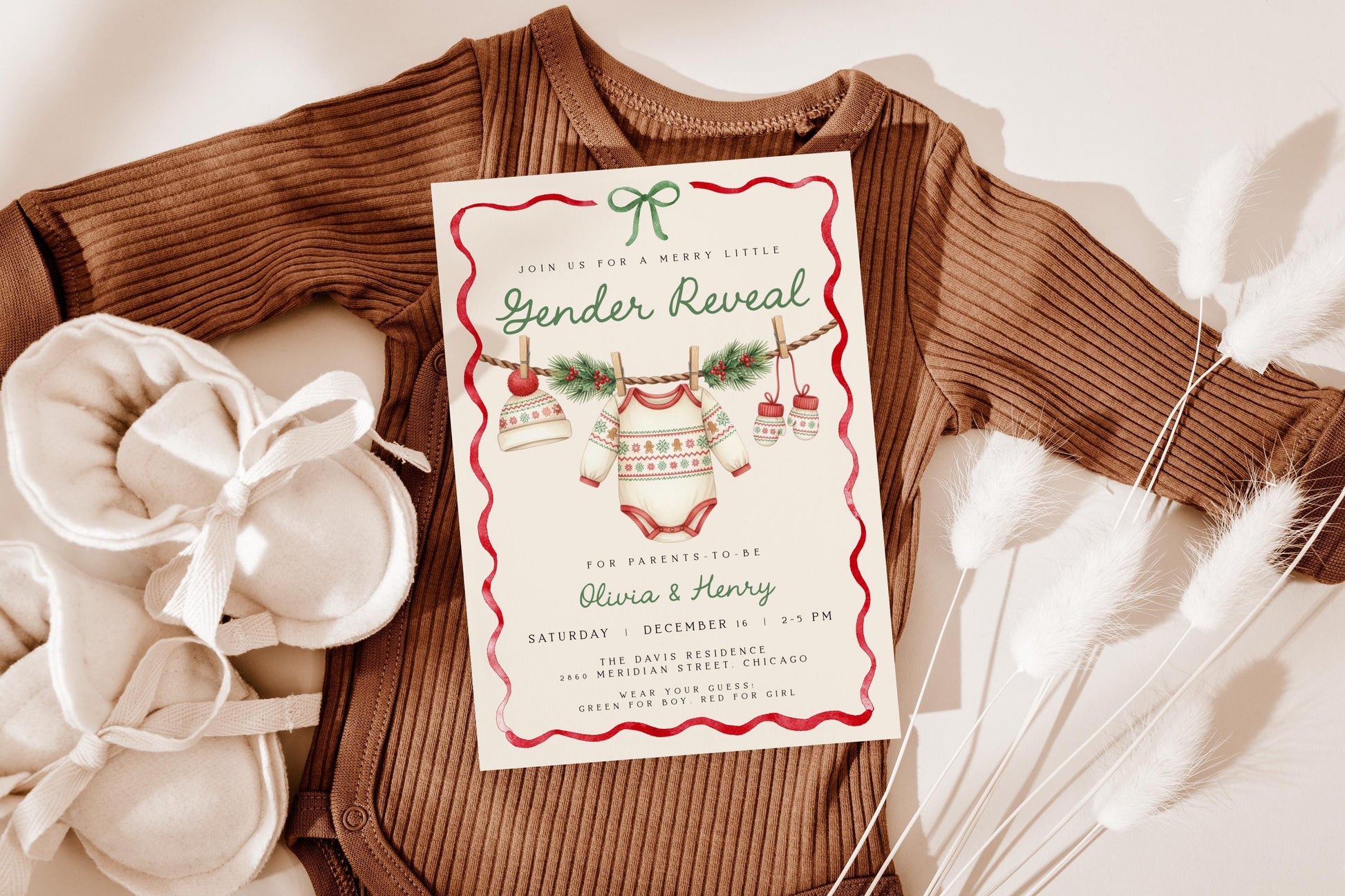 Christmas Gender Reveal Invitation | Merry Little Baby Shower Invite | Neutral Holiday Ribbon Bow Clothesline Design