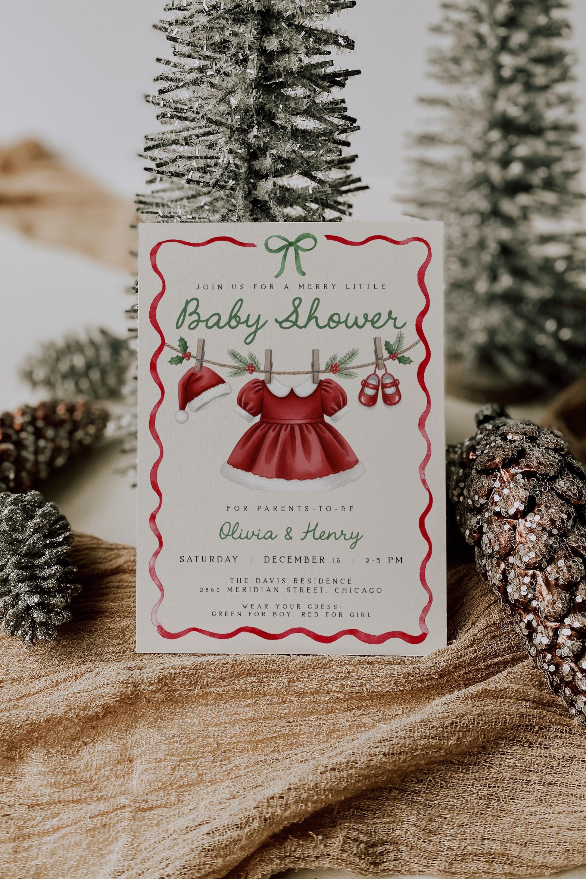 Girl Christmas Baby Shower Invitation | Merry Little Invite | Santa Hat Dress Clothesline with Holiday Ribbon Bow Design