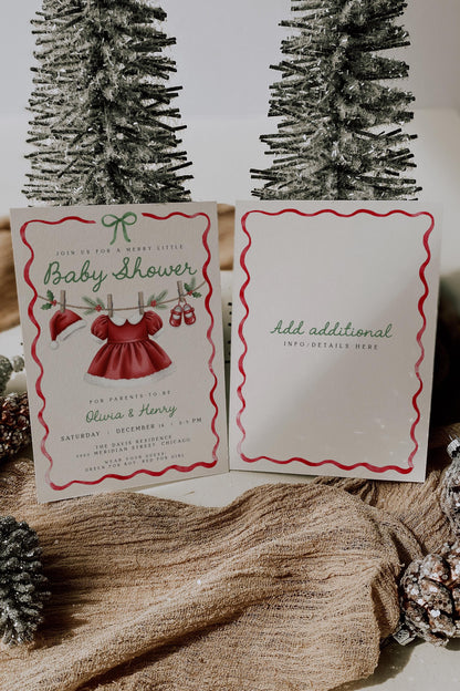 Girl Christmas Baby Shower Invitation | Merry Little Invite | Santa Hat Dress Clothesline with Holiday Ribbon Bow Design