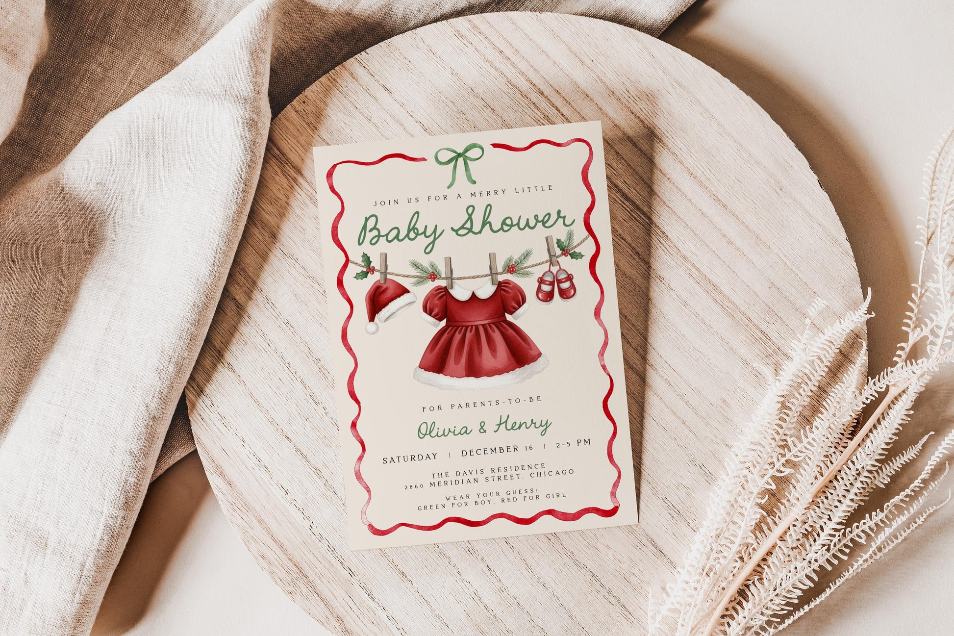 Girl Christmas Baby Shower Invitation | Merry Little Invite | Santa Hat Dress Clothesline with Holiday Ribbon Bow Design