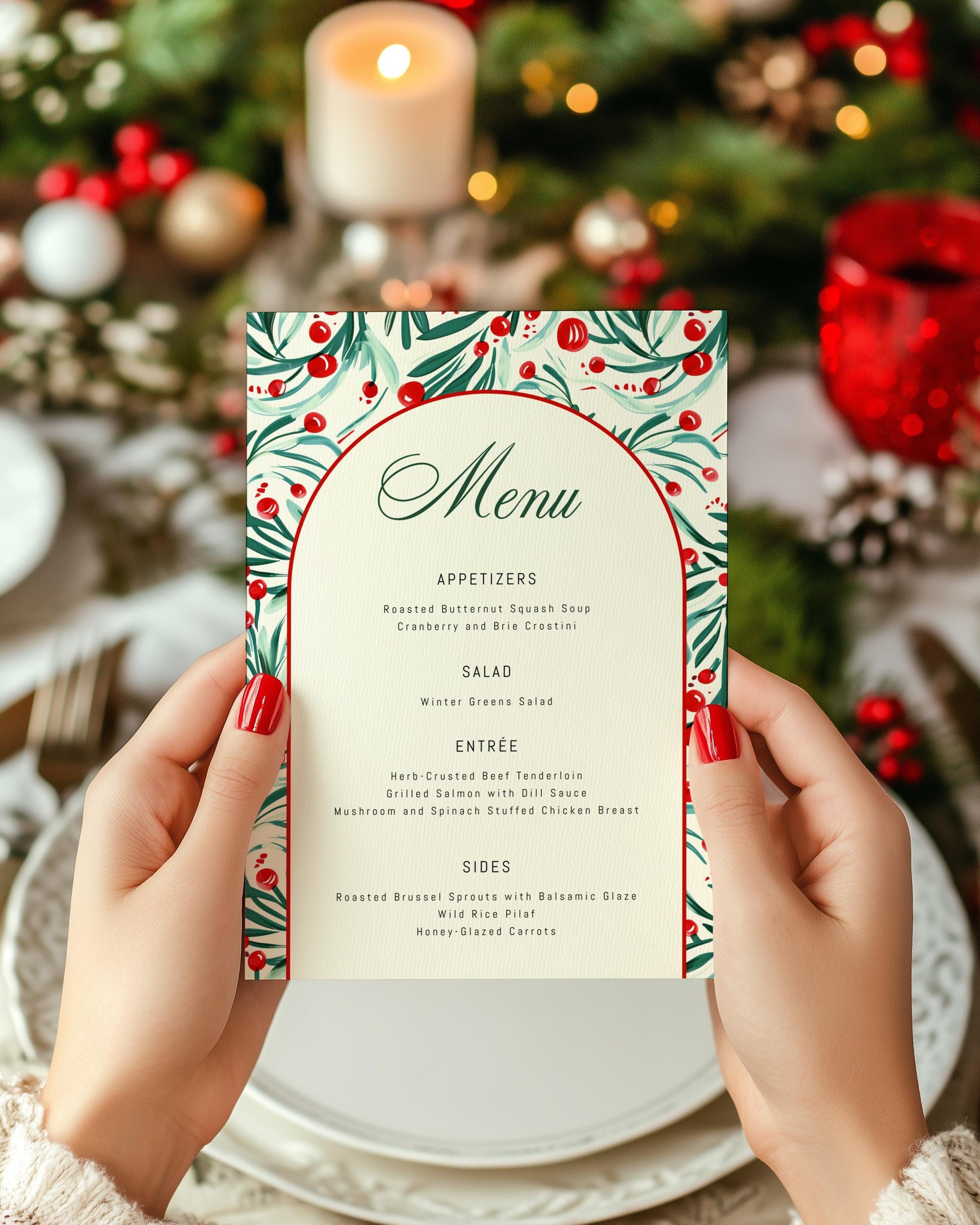 Editable Christmas Menu - Holiday Dinner Party Bar Drink List - Holly and Berry Sign - Corjl Template