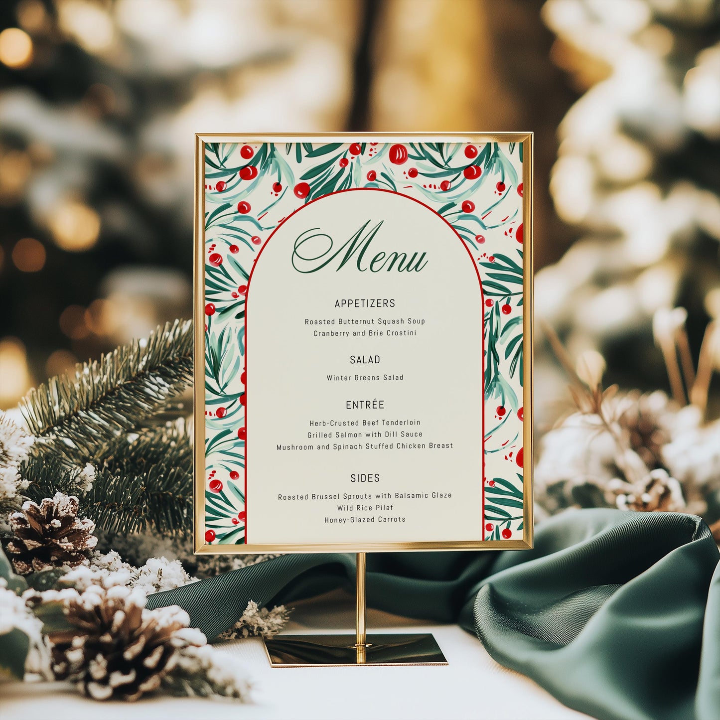 christmas party dinner menu in gold frame.  vintage modern design of holly and berries with menu text in arch design.