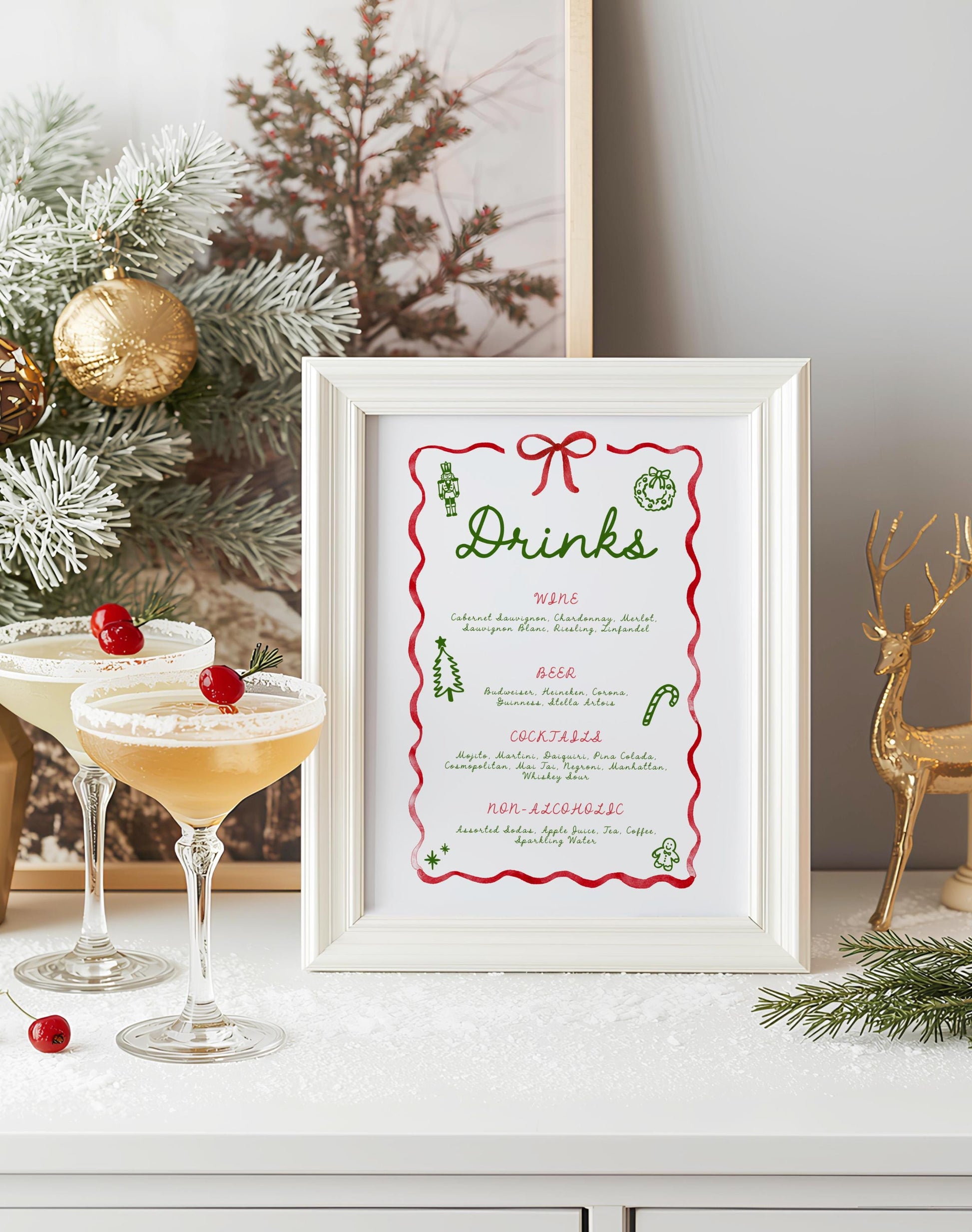 Editable Christmas Party Menu, Whimsical Retro Bow Holiday Bar Drink Menu - Canva Template