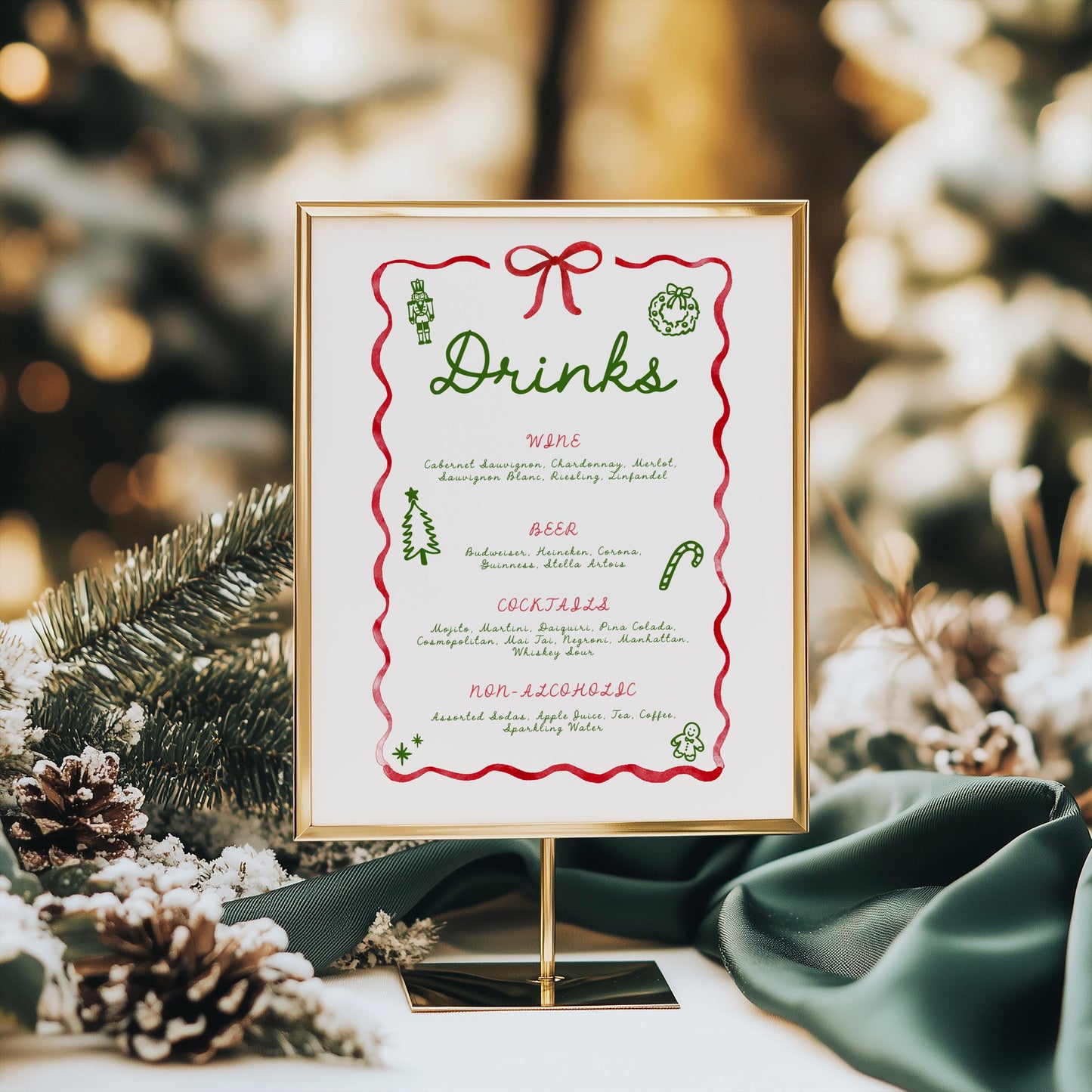 Editable Christmas Party Menu, Whimsical Retro Bow Holiday Bar Drink Menu - Canva Template