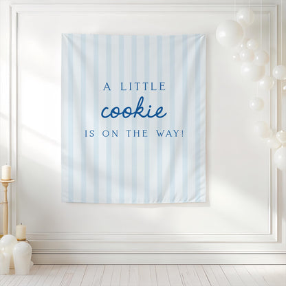 Little Cookie Baby Shower Backdrop | Light Blue Striped Banner | Cookie on the Way Welcome Sign