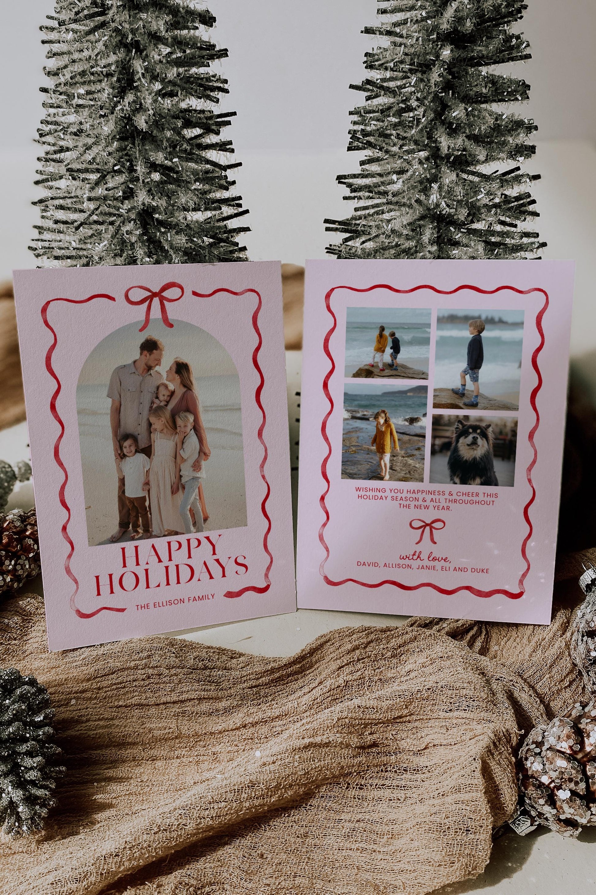 Pink and Red Bow Christmas Photo Card, Whimsical Ribbon Holiday Photo Card Canva Template