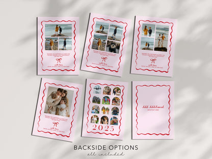 Pink and Red Bow Christmas Photo Card, Whimsical Ribbon Holiday Photo Card Canva Template