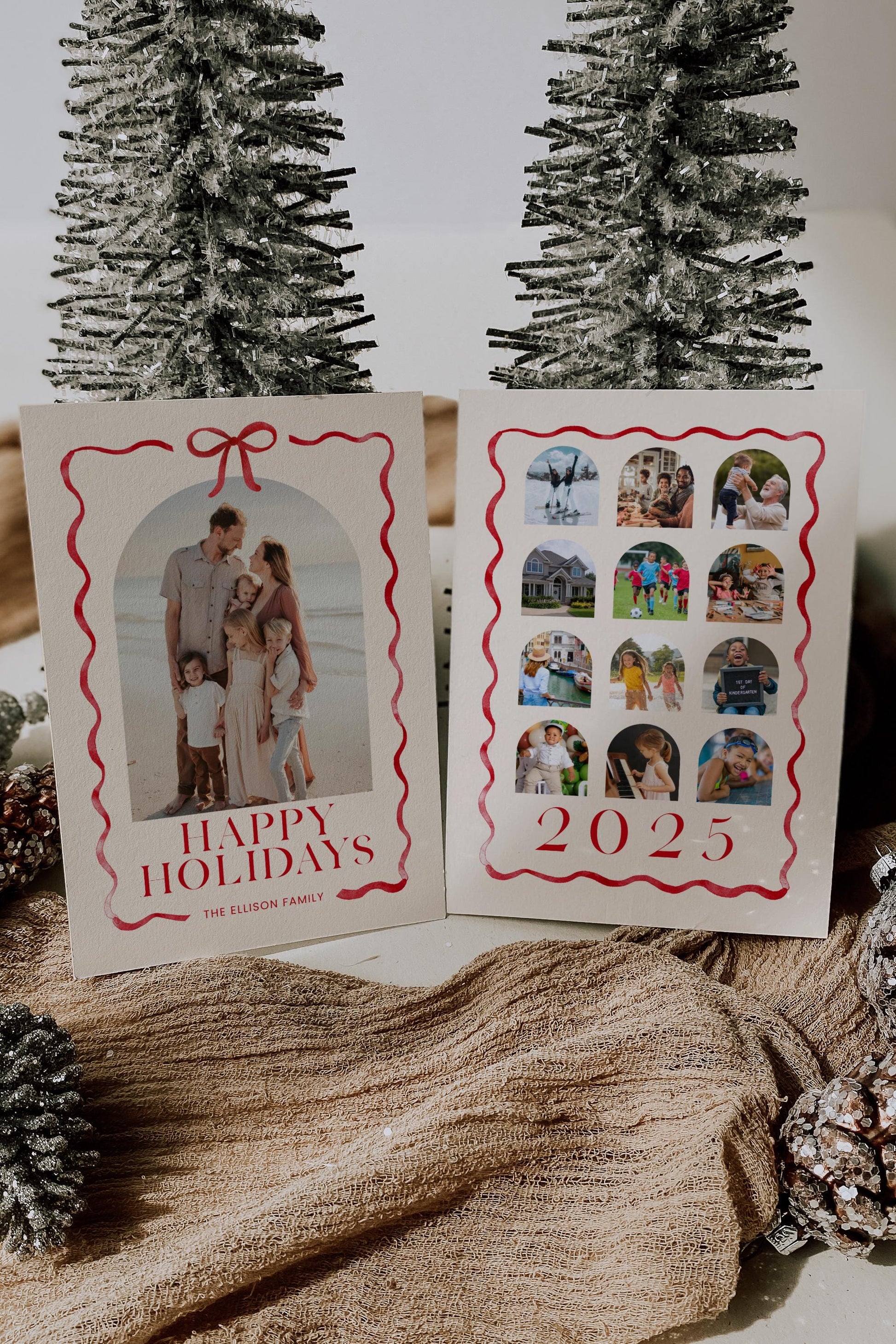 Bow Christmas Photo Card, Whimsical Red Ribbon Holiday Photo Card, Canva Template with Arch Picture
