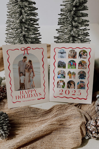 Bow Christmas Photo Card, Whimsical Red Ribbon Holiday Photo Card, Canva Template with Arch Picture