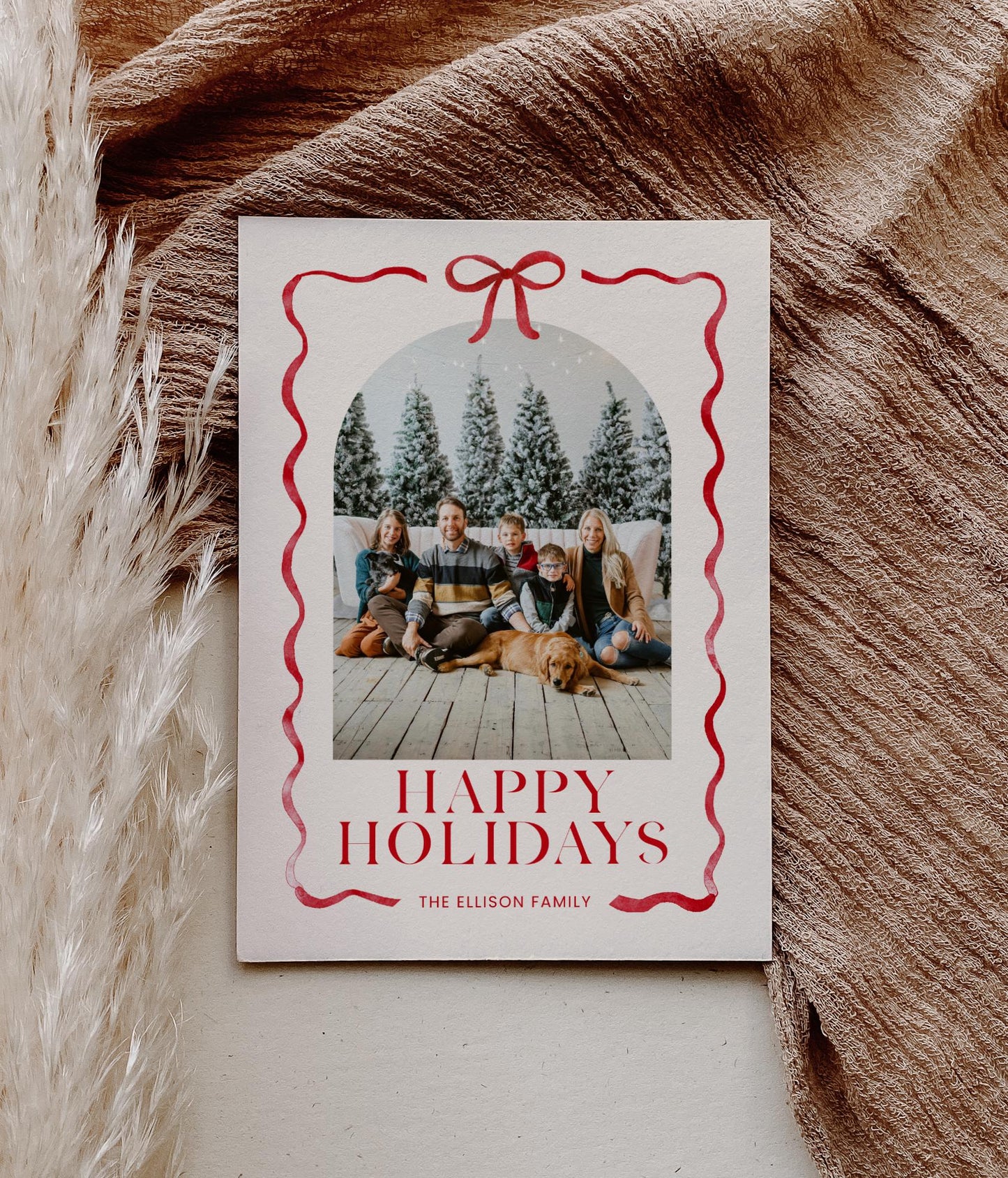 Bow Christmas Photo Card, Whimsical Red Ribbon Holiday Photo Card, Canva Template with Arch Picture