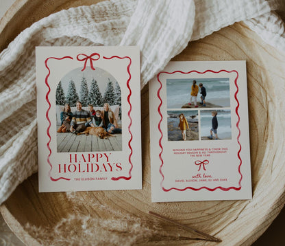 Bow Christmas Photo Card, Whimsical Red Ribbon Holiday Photo Card, Canva Template with Arch Picture