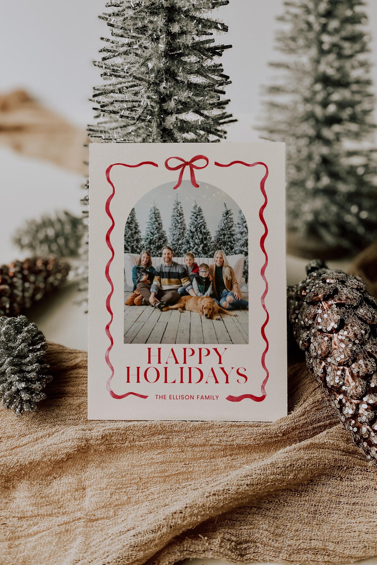 Bow Christmas Photo Card, Whimsical Red Ribbon Holiday Photo Card, Canva Template with Arch Picture