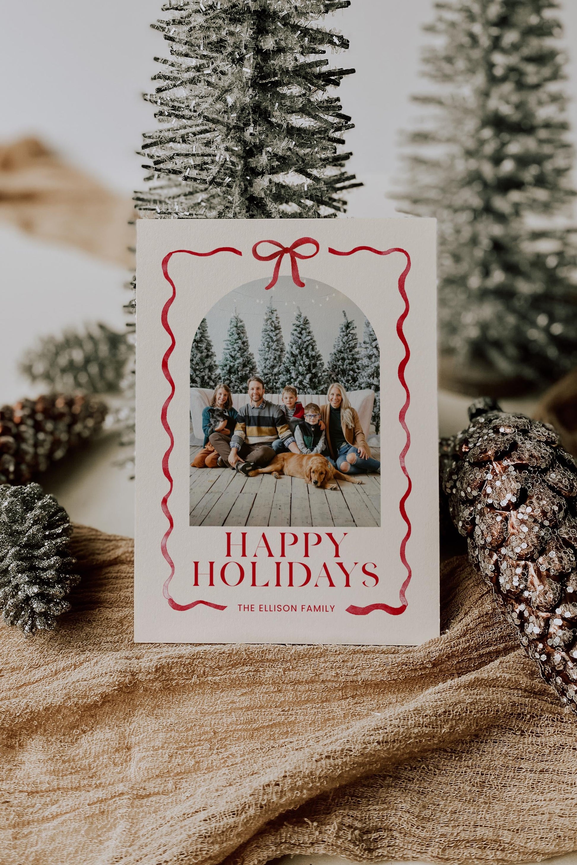 Bow Christmas Photo Card, Whimsical Red Ribbon Holiday Photo Card, Canva Template with Arch Picture