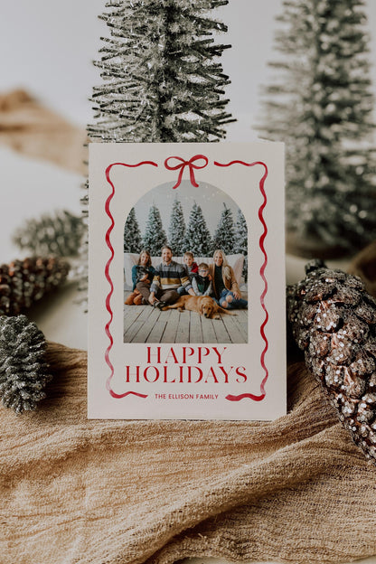 Bow Christmas Photo Card, Whimsical Red Ribbon Holiday Photo Card, Canva Template with Arch Picture