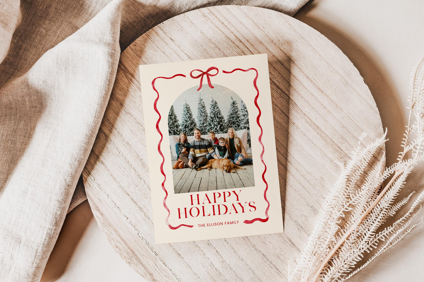 Bow Christmas Photo Card, Whimsical Red Ribbon Holiday Photo Card, Canva Template with Arch Picture