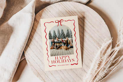 Bow Christmas Photo Card, Whimsical Red Ribbon Holiday Photo Card, Canva Template with Arch Picture