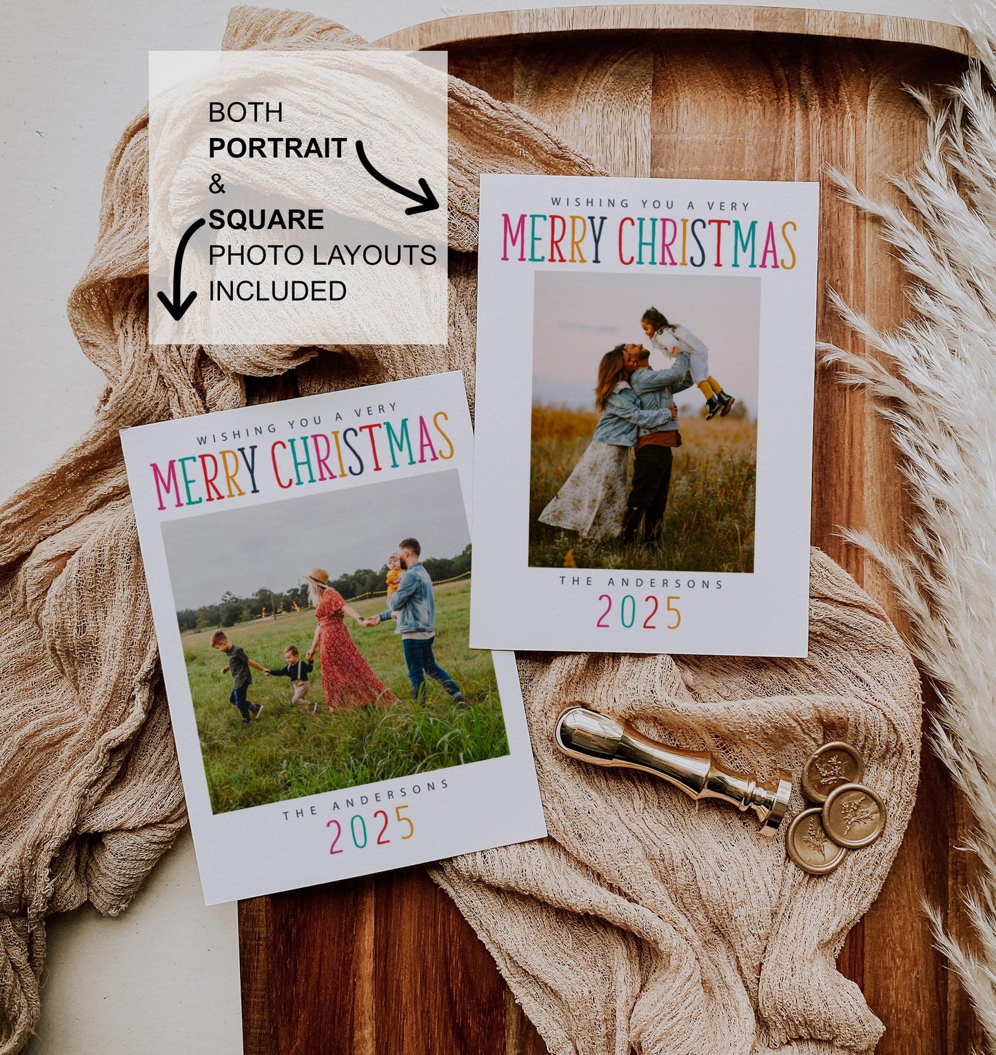Christmas Photo Card - Holiday Photo Card Template, Colorful Merry Christmas, Yellow, Pink, Teal, DIY, Editable Template - Instant Download