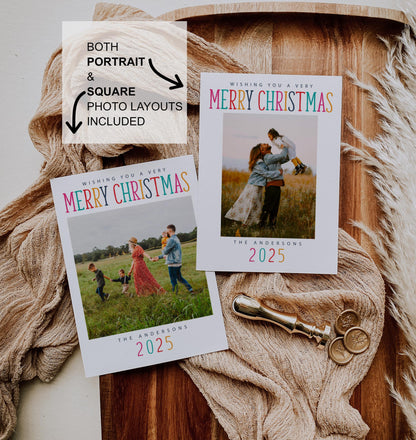 Christmas Photo Card - Holiday Photo Card Template, Colorful Merry Christmas, Yellow, Pink, Teal, DIY, Editable Template - Instant Download