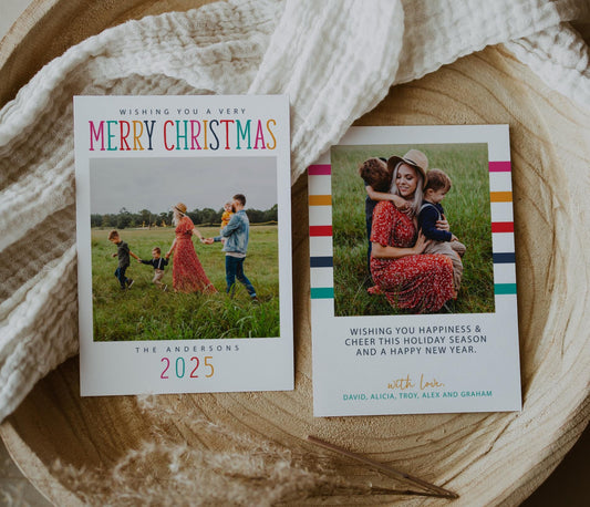 Christmas Photo Card - Holiday Photo Card Template, Colorful Merry Christmas, Yellow, Pink, Teal, DIY, Editable Template - Instant Download