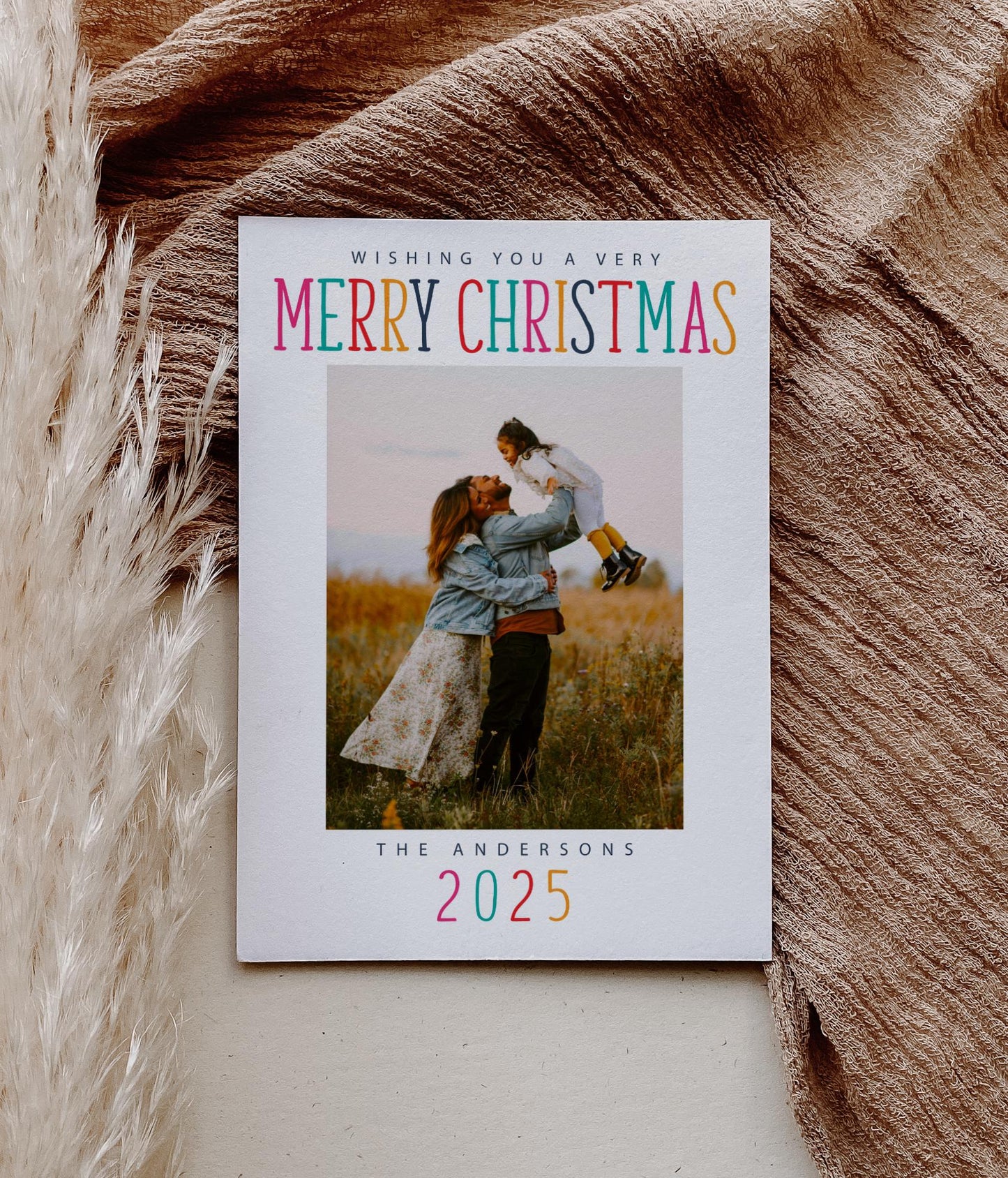 Christmas Photo Card - Holiday Photo Card Template, Colorful Merry Christmas, Yellow, Pink, Teal, DIY, Editable Template - Instant Download