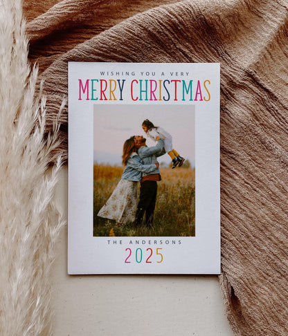 Christmas Photo Card - Holiday Photo Card Template, Colorful Merry Christmas, Yellow, Pink, Teal, DIY, Editable Template - Instant Download